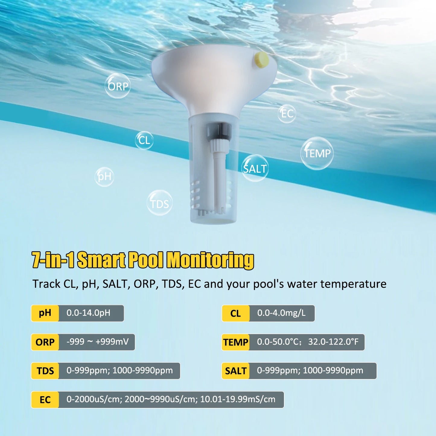 7-in-1 Smart Chlorine Meter | WiFi Water Quality Tester for Pools & Spas
