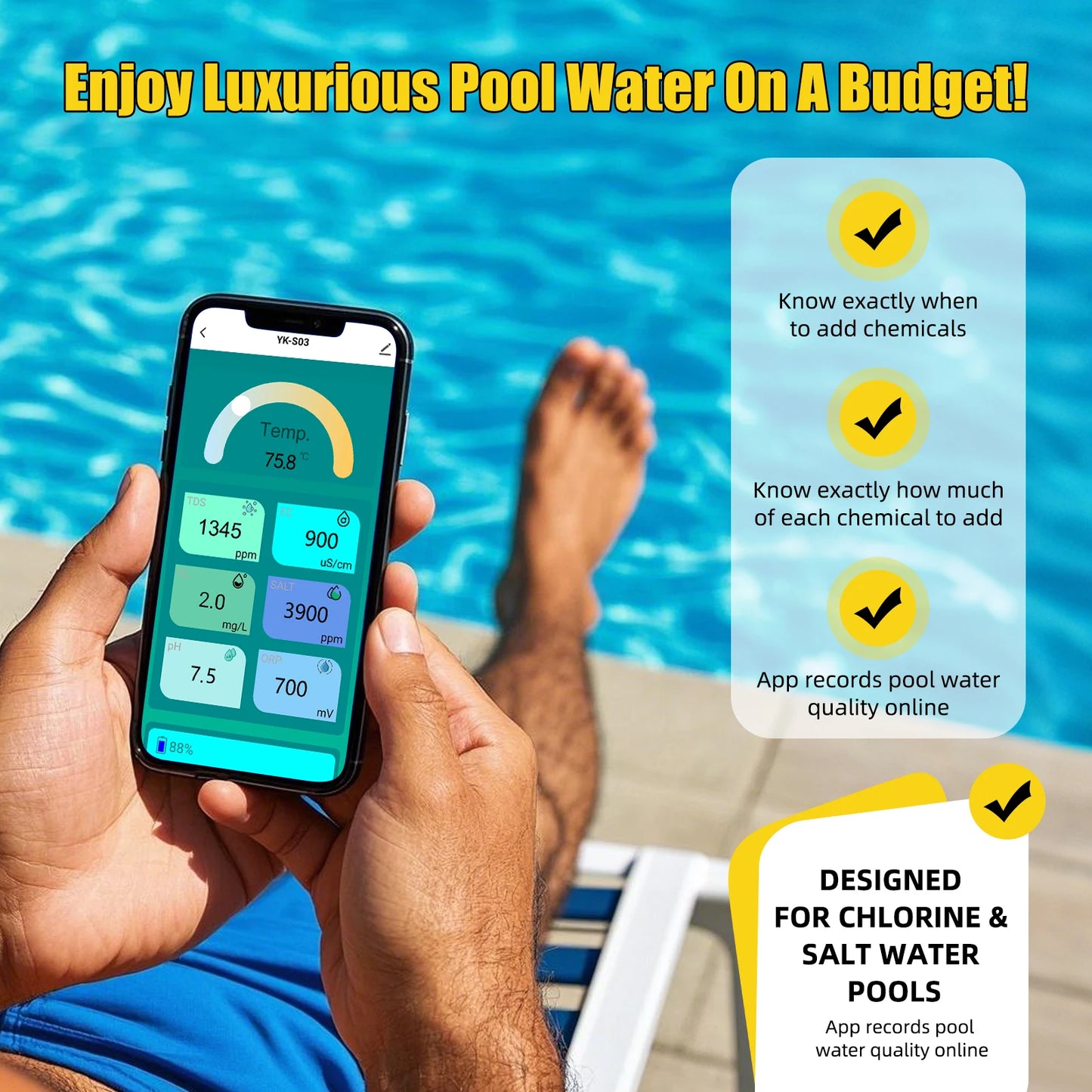 7-in-1 Smart Chlorine Meter | WiFi Water Quality Tester for Pools & Spas
