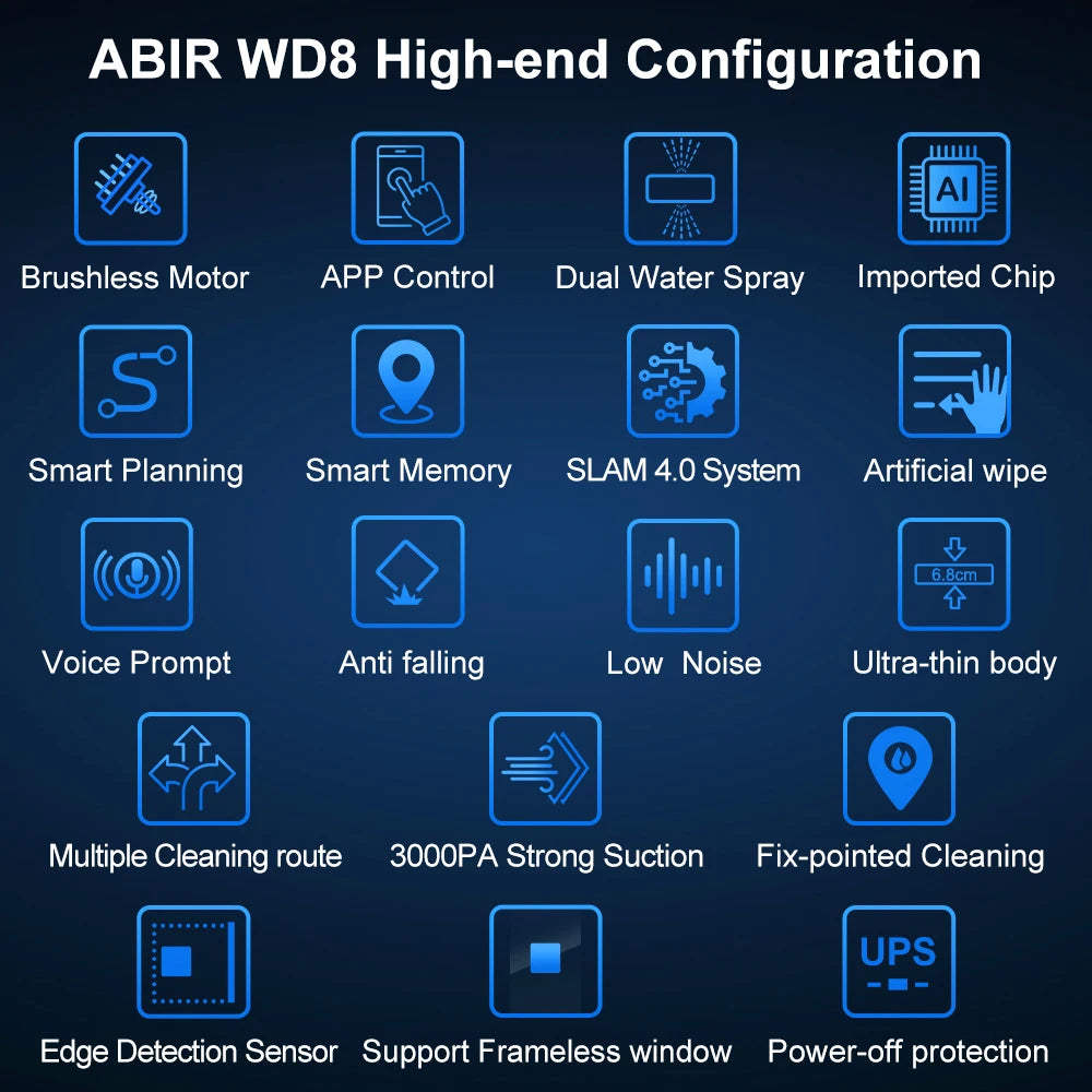WD8 Robot Window Cleaner – Dual Ultrasonic Spray, 3000Pa Suction